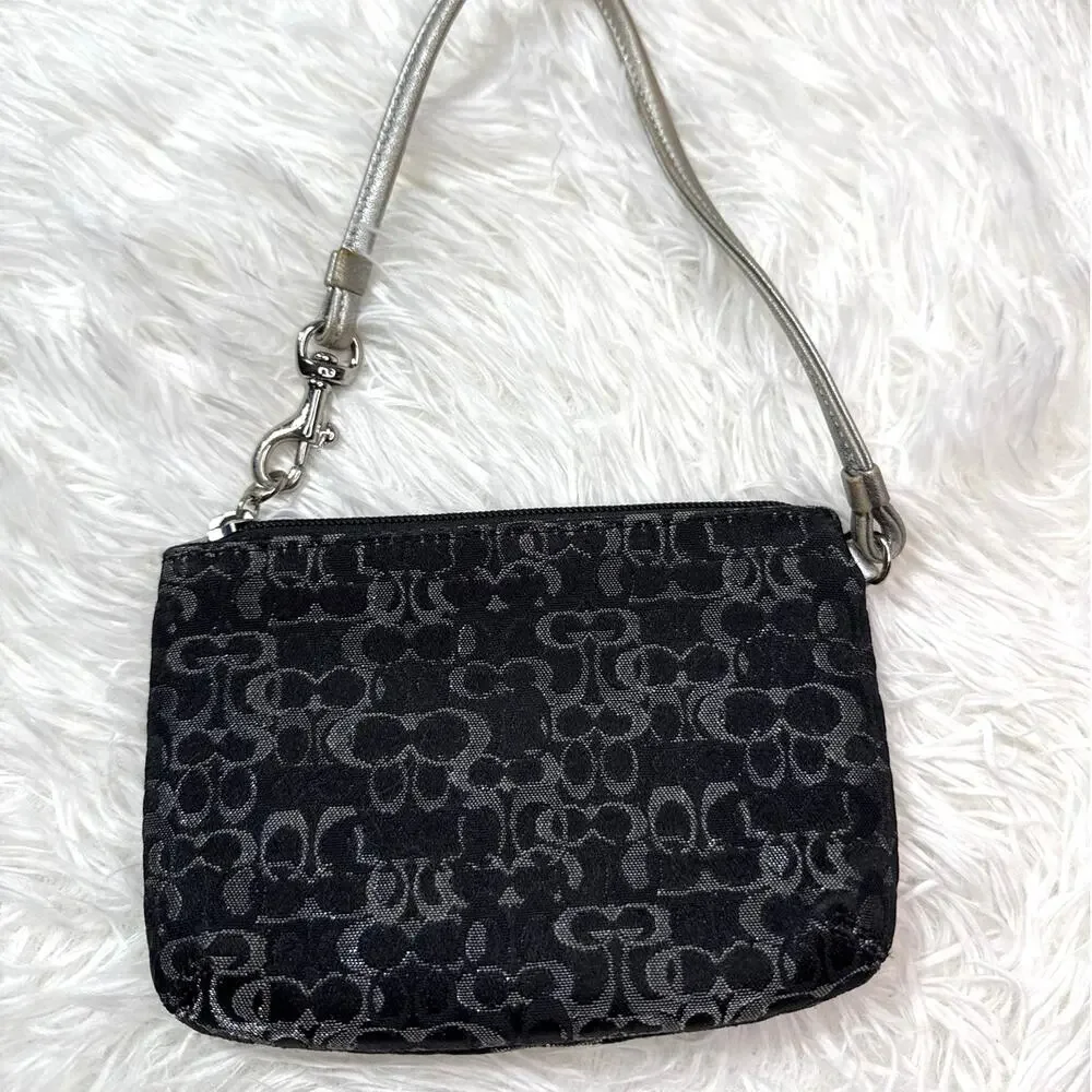 COACH Black Silver Signature Canvas Wristlet